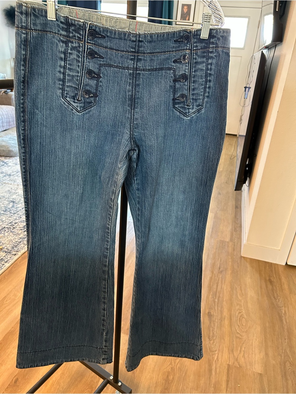 Women's Dark Blue Bootcut Jeans with Button Trim